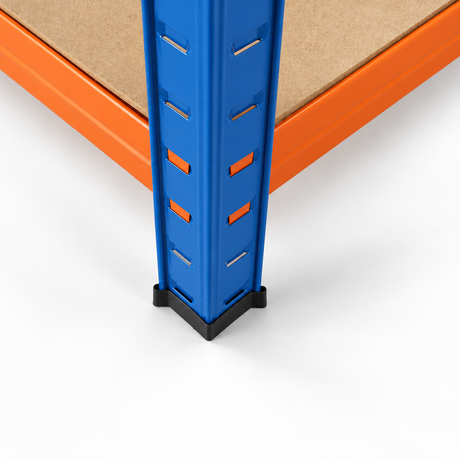 Close-up of the black plastic protective cap on a blue upright foot