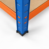 Close-up of a black plastic protective cap on a blue upright foot