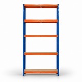 Blue and orange five-tier shelving unit, straight-on front view