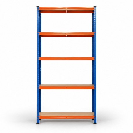 Single blue and orange five-tier shelving bay, straight-on front view