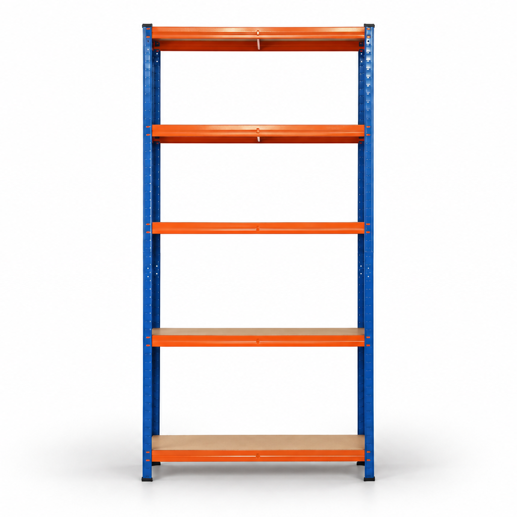 Single blue and orange five-tier shelving bay, straight-on front view