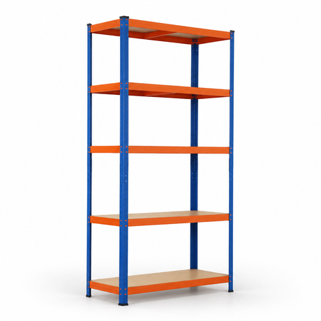 Blue and orange five-tier shelving unit, opposite three-quarter view