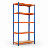 Single blue and orange five-tier shelving bay, opposite three-quarter view