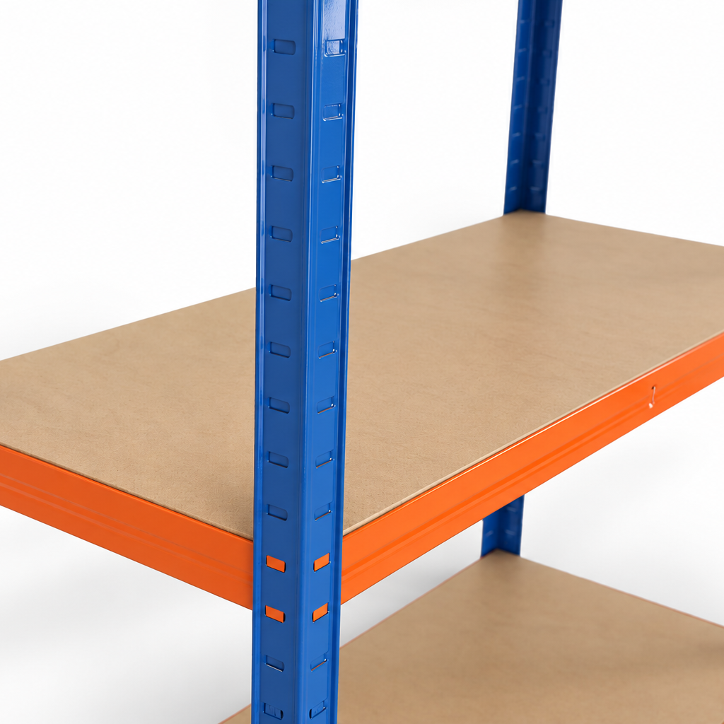 Close-up of a blue upright and orange beam with a 3.3mm MDF shelf board on RISI175BO shelving