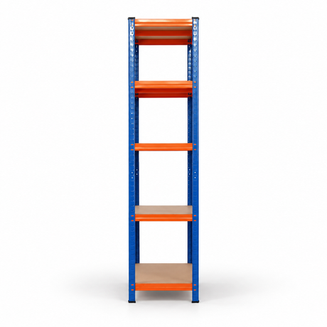 Single blue and orange five-tier shelving bay, narrow side view