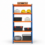 Single blue and orange five-tier shelving bay staged with storage boxes and tool cases (stored items shown are not included)