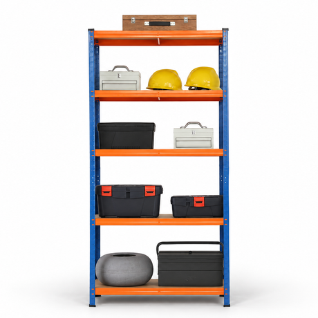 Single blue and orange five-tier shelving bay staged with storage boxes and tool cases (stored items shown are not included)