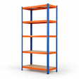 Blue and orange five-tier shelving unit, three-quarter view