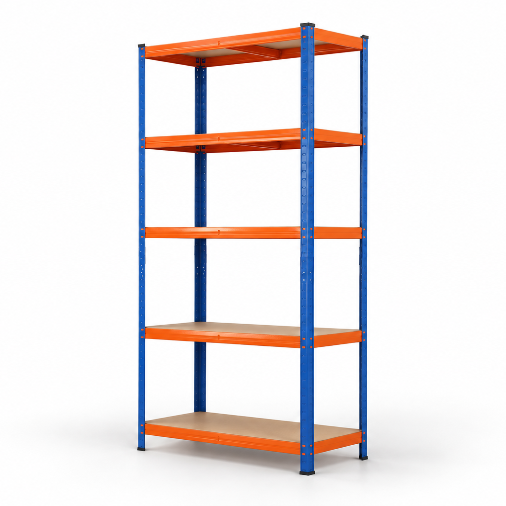 Single blue and orange five-tier shelving bay, three-quarter view