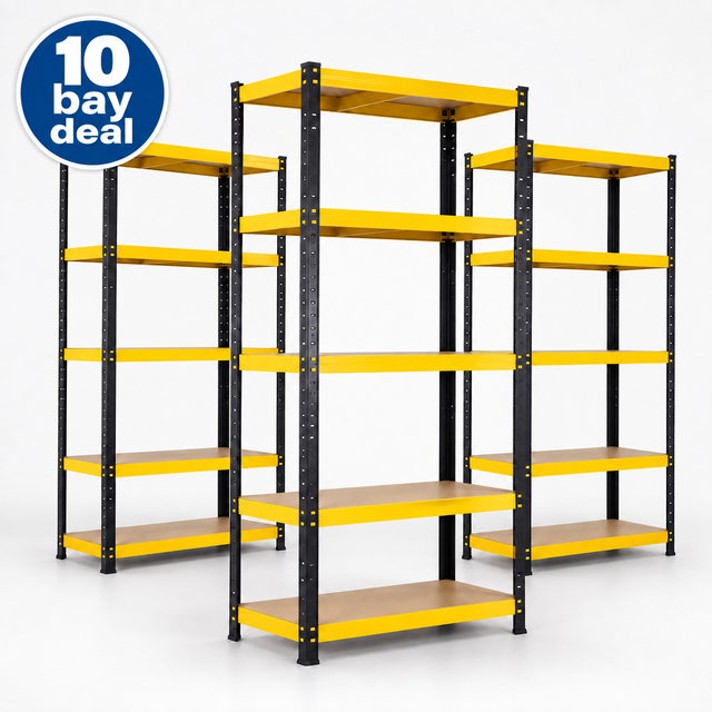 10 Bay Deal: black and yellow five-tier shelving; 10 complete bays included.