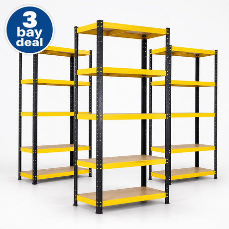 3 Bay Deal: black and yellow five-tier shelving; 3 complete bays included.