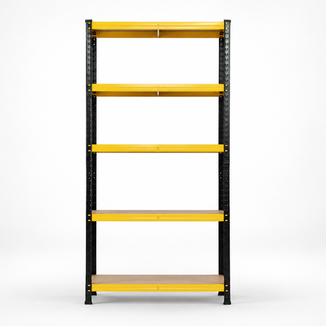 Single black and yellow five-tier shelving bay, straight-on front view