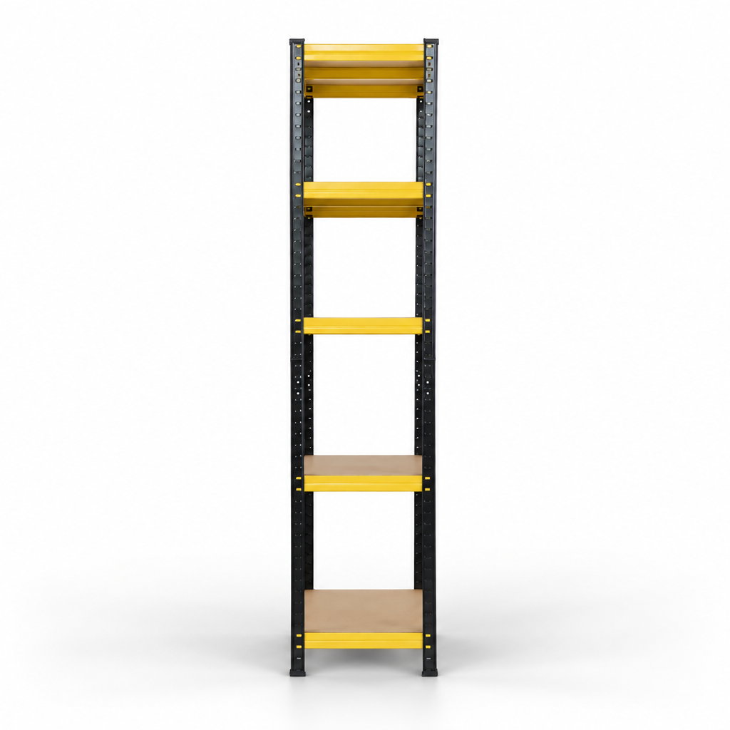 Black and yellow five-tier shelving unit, narrow side view