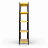 Black and yellow five-tier shelving unit, narrow side view
