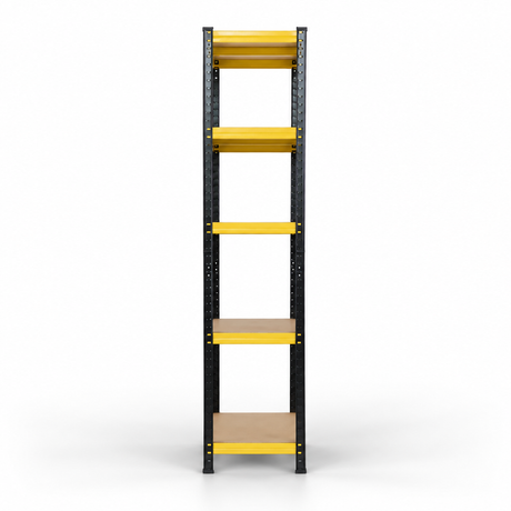 Single black and yellow five-tier shelving bay, narrow side view