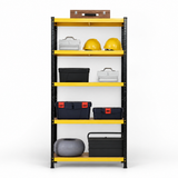 Single black and yellow five-tier shelving bay staged with storage boxes and tool cases (stored items shown are not included)