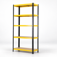 Black and yellow five-tier shelving unit, three-quarter view