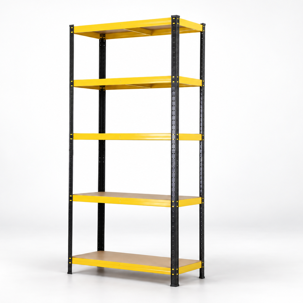 Single black and yellow five-tier shelving bay, three-quarter view