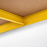 Underside detail of the yellow beam corner joint and shelf board