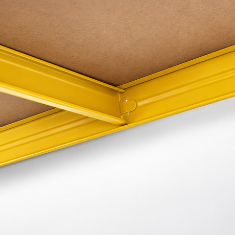 Underside detail of the yellow beam corner joint and shelf board