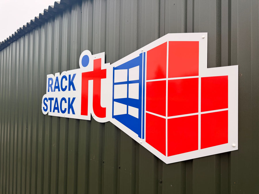 Rack It Stack It sign on the side of the warehouse at Temple Hall Farm, Leicestershire