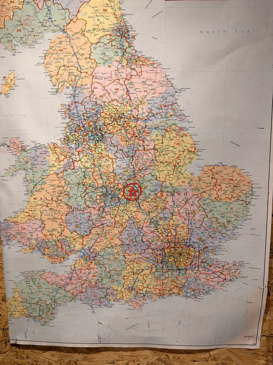 Wall map of England and Wales with the Rack It Stack It base in Leicestershire marked