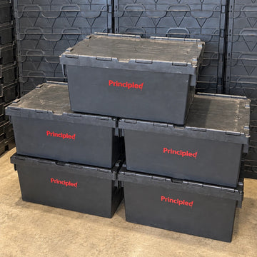 Pack of 5 black 62 litre heavy duty storage boxes with attached lids
