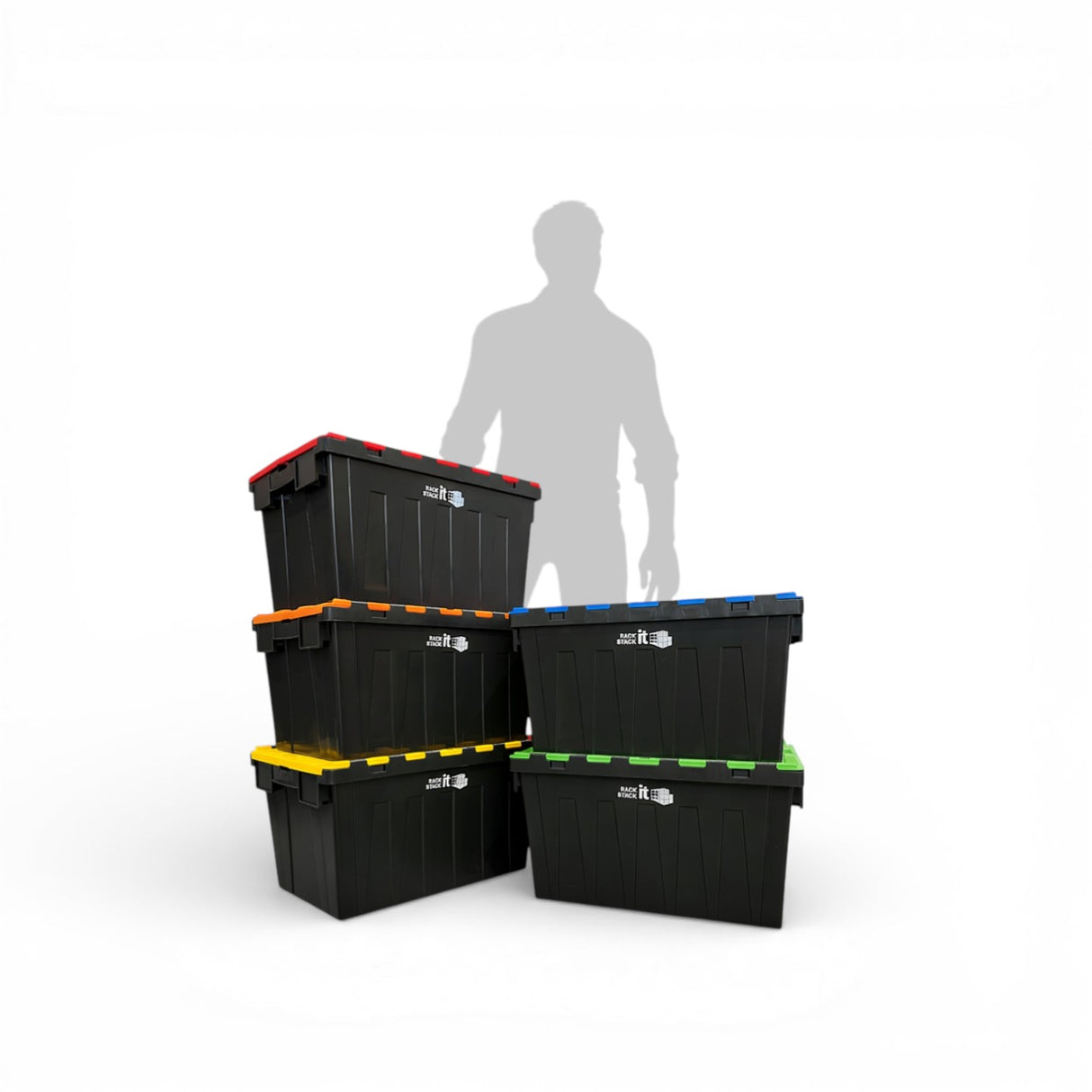 5x Heavy Duty Storage Tote Boxes | 63 Litre / 30kg Capacity | Multi Coloured Bundle