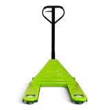 Wide fork 3000kg pallet truck in lime green with 685 x 1200mm forks
