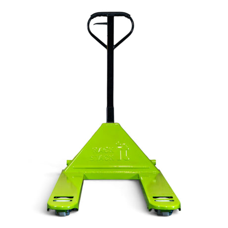 Wide fork 3000kg pallet truck in lime green with 685 x 1200mm forks