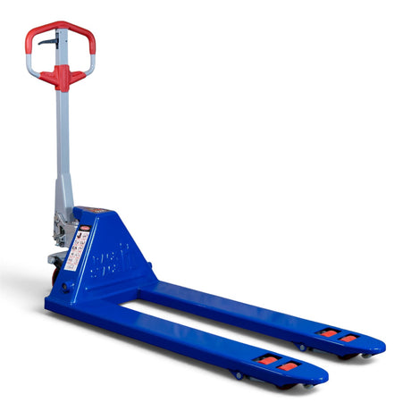 Premium 3000kg blue pallet truck with 550 x 1150mm forks and polyurethane wheels