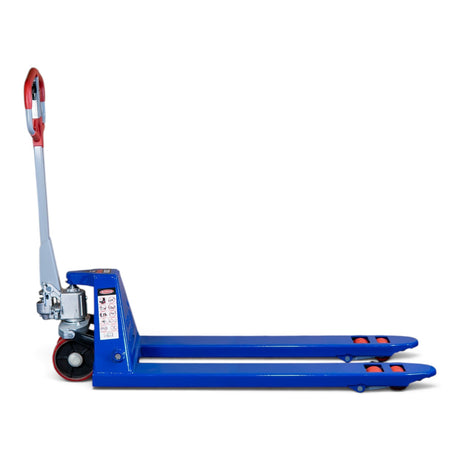 Side view of the blue Premium pallet truck with forks lowered and the red PU steer wheel in view