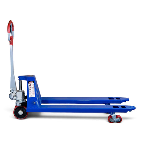 Side view of the blue Premium pallet truck with the forks raised and the hydraulic ram extended