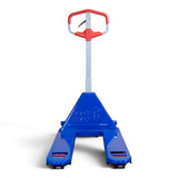 Blue 3000kg Premium pallet truck seen head-on with the red handle raised and forks lowered