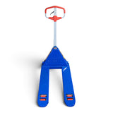 Blue Premium pallet truck from the fork end, showing the red polyurethane tandem rollers