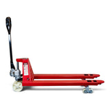 Side view of the red 2000kg pallet truck with the forks raised and the hydraulic ram extended