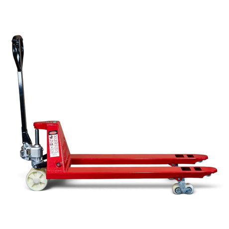 Side view of the red 2000kg pallet truck with the forks raised and the hydraulic ram extended