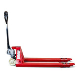 Side view of the red 2000kg pallet truck with the forks lowered and the white steer wheel in view