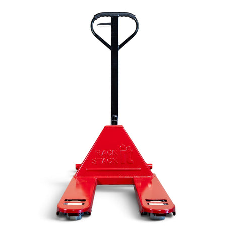 Red 2000kg pallet truck head-on with the embossed Rack It Stack It head plate