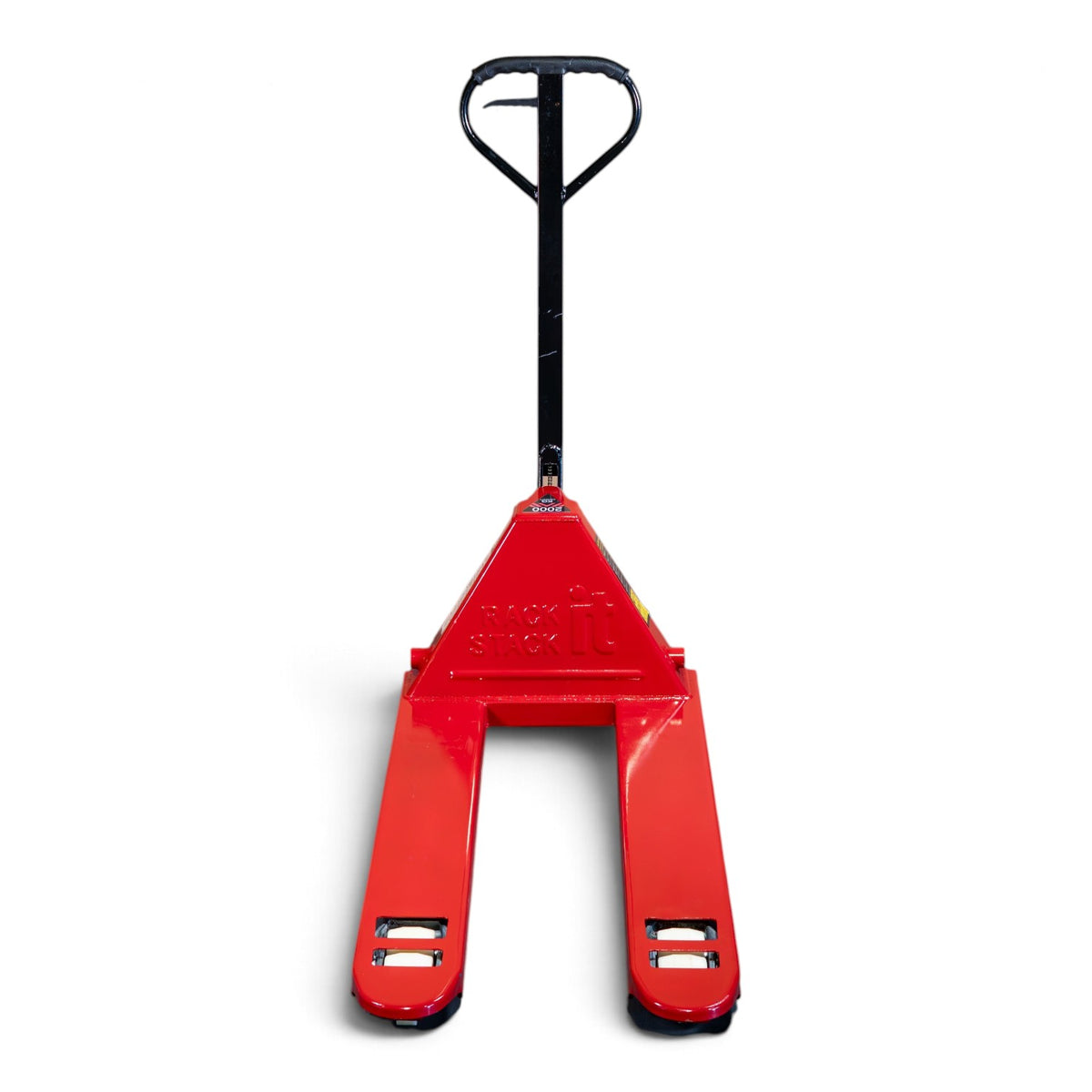 Front view of the red 2000kg pallet truck showing the capacity plate on top of the head
