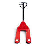 Front view of the red 2000kg pallet truck showing the capacity plate on top of the head