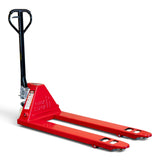 Red 2000kg manual pallet truck at a three-quarter angle with the black handle raised