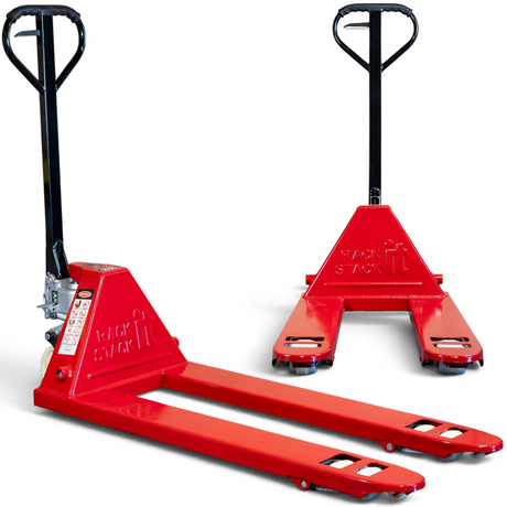 2000kg red manual pallet truck shown at an angle and from the front, with 550 x 1150mm forks