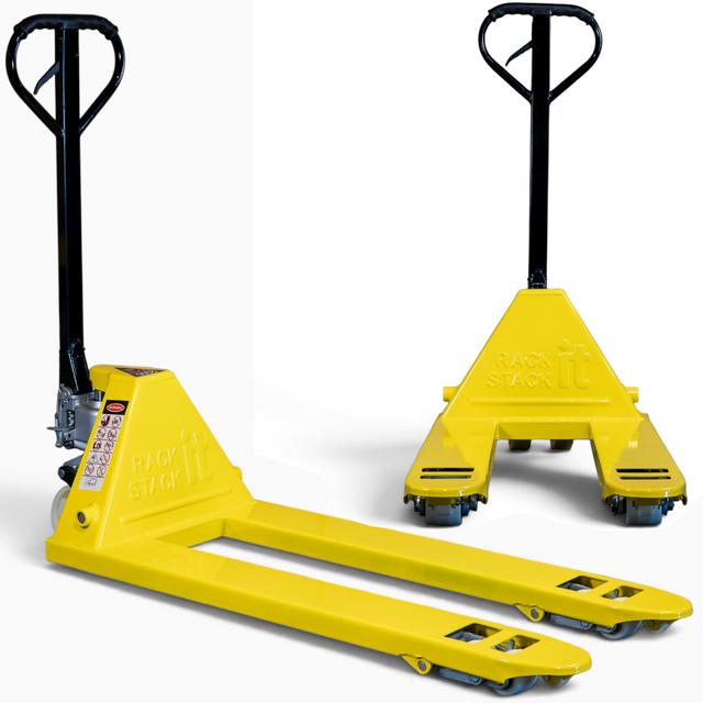 Yellow 2000kg pallet truck shown at an angle and from the front on a white background