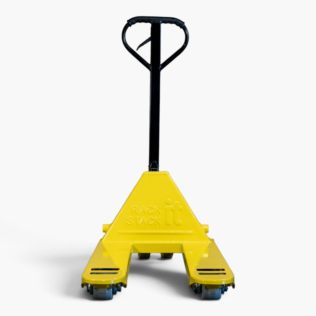 Yellow 2000kg pallet truck from the fork end, showing the tandem load rollers under each fork