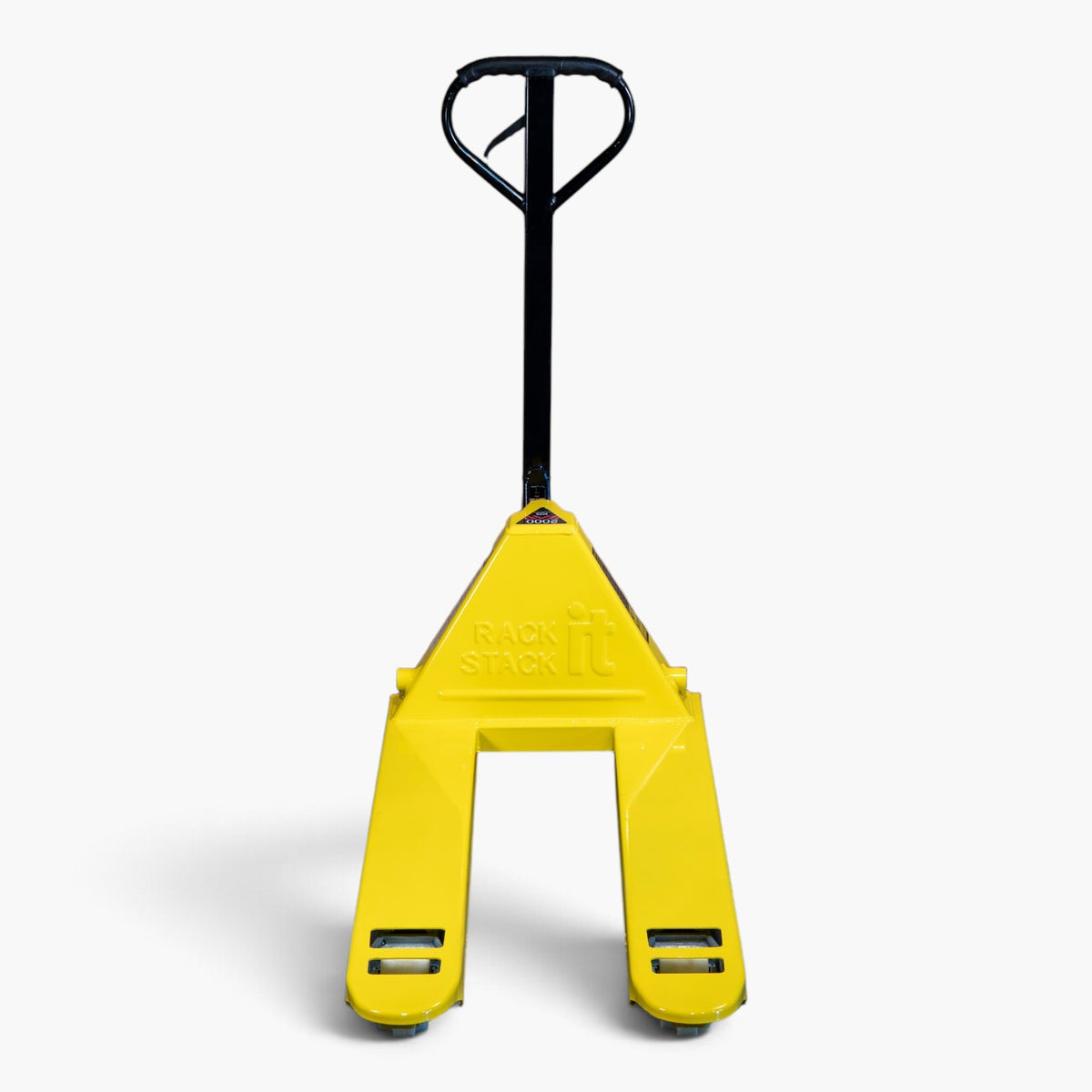Yellow 2000kg pallet truck head-on with the embossed Rack It Stack It head plate
