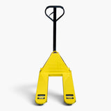 Yellow 2000kg pallet truck head-on with the embossed Rack It Stack It head plate