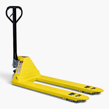 Yellow 2000kg manual pallet truck at a three-quarter angle with the black handle raised