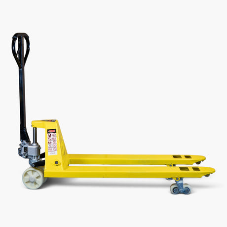 Side view of the yellow 2000kg pallet truck with the forks raised and the hydraulic ram extended