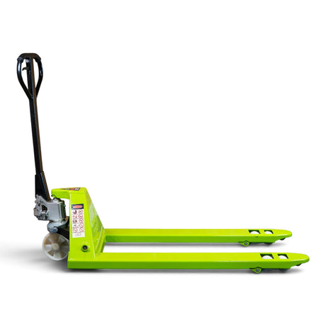 Wide fork 3000kg pallet truck in lime green with 685 x 1200mm forks